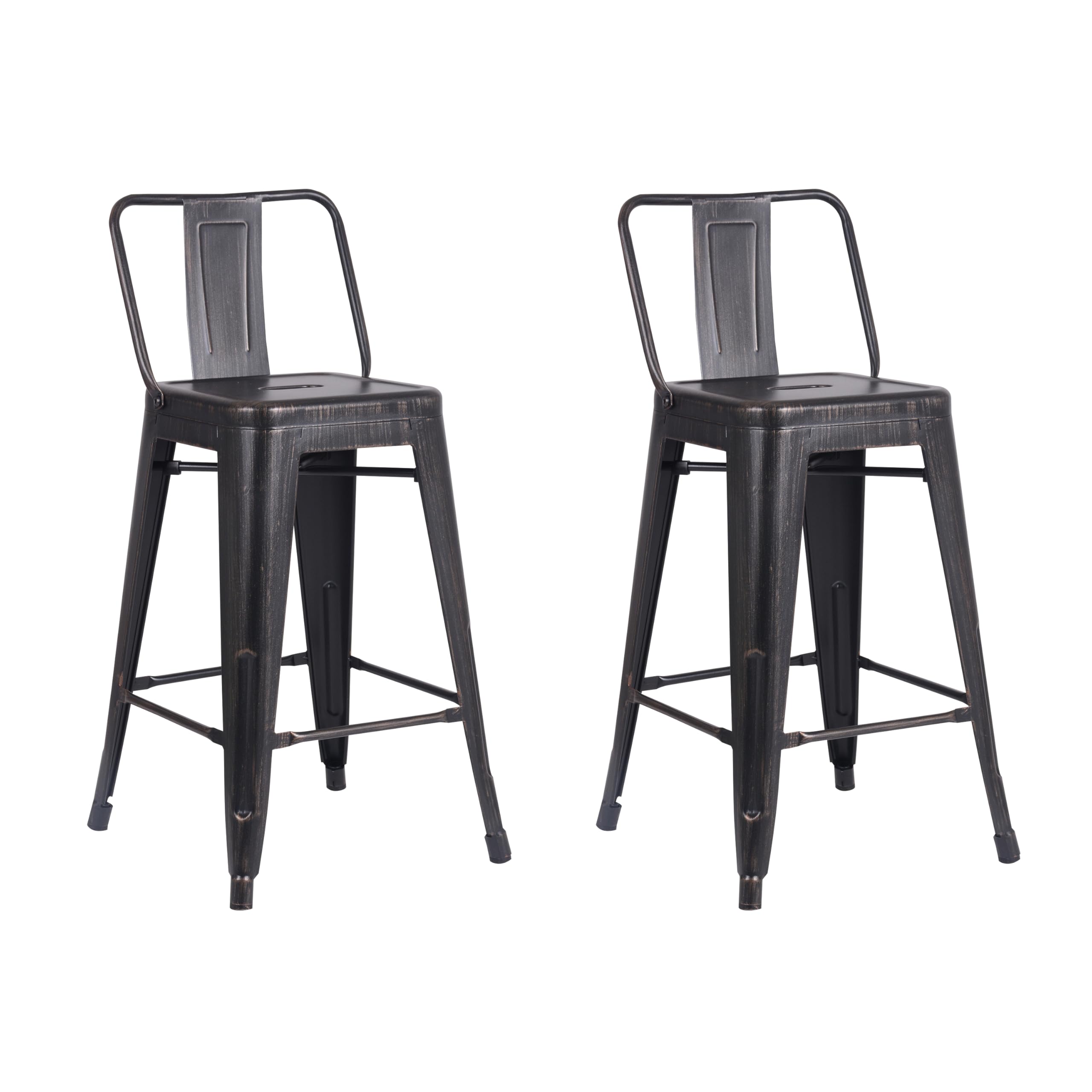 AC Pacific 24” Metal Barstool Set of 2 – Country Rustic Style with Low Back, Lightweight & Sturdy Build, Easy Assembly – Distressed Ebony Black