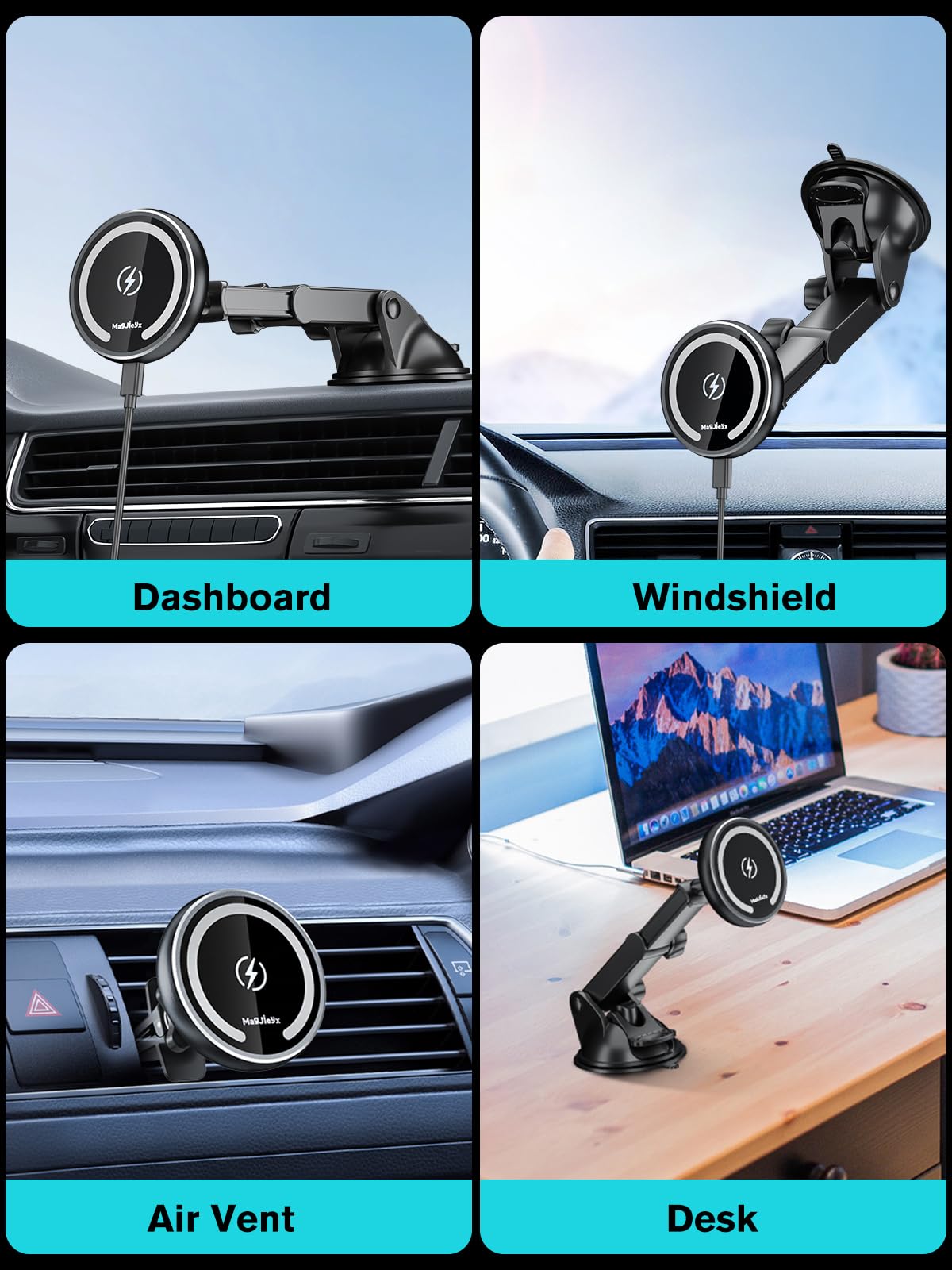 MAGJIEYX for Magnetic Magsafe Car Mount Charger, Wireless Car Charger with Fast Max 38W QC3.0Charging Adapter Retractable Phone Holder Fits iPhone16/15/14/13Plus/MagSafe Case,Dashboard/Vent/Windshield