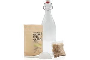 WATER KEFIR WORLD Water Kefir Starter Kit - Swivel Top Bottle, Organic Sugar, Nylon Strainer, & Water Kefir Grains Made from Organic Specialty Sugars and Natural Spring Water