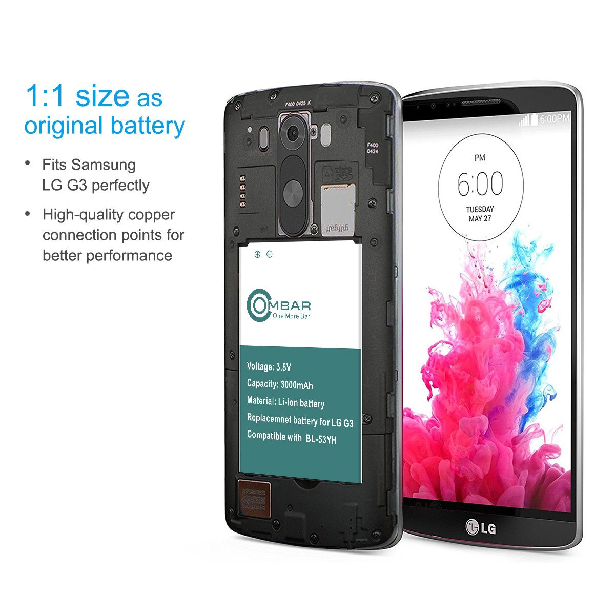 Ombar 3000mah Replacement Battery for LG G3, BL-53YH Battery, 12-Month Warranty