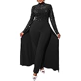 VERWIN Plus Size Sequins Jumpsuit for Women Patchwork Overlay Full Length Women's Jumpsuit High-Waist Woman Romper