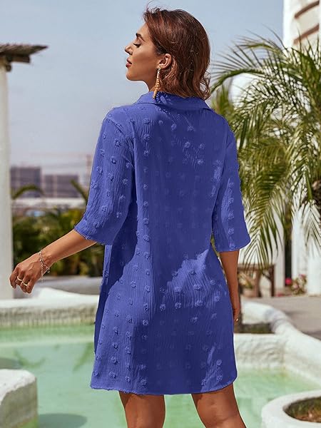 BLOOMING JELLY WOMENS BATHING SUIT COVERUPS WHITE SWISS DOT BEACH SWIM COVER UP SHIRT DRESS(X-LARGE,SAPPHIRE BLUE)