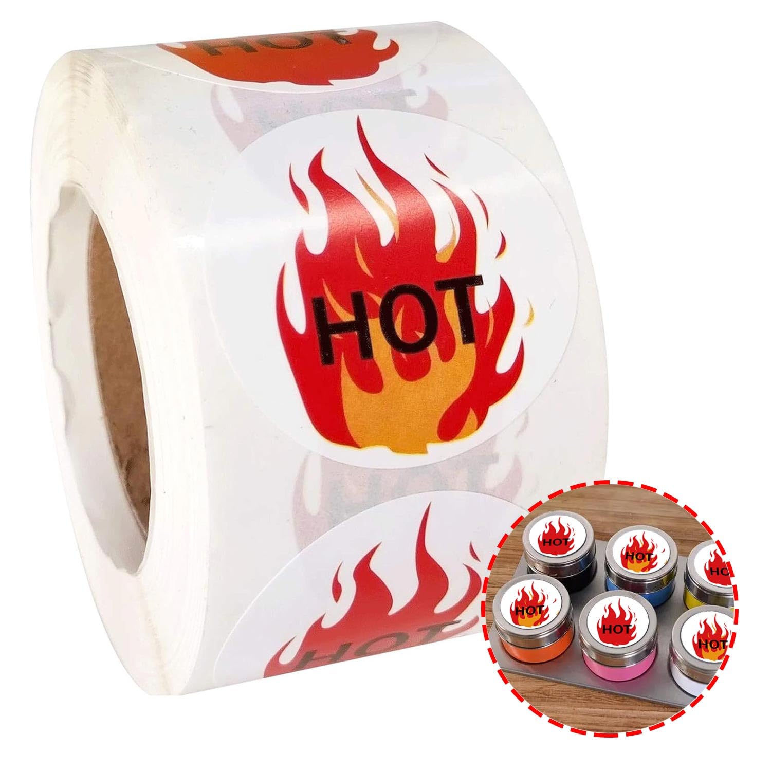Photo 1 of 1.5 Inch Round Hot Stickers Fluorescent Red Flame Stickers Hot Labels - HOT Imprint Flame Labels 500/Roll
