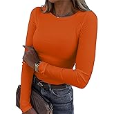 Roselux Womens Long Sleeve Stretch Crewneck Ribbed T-Shirt Fitted Casual Basic Tops