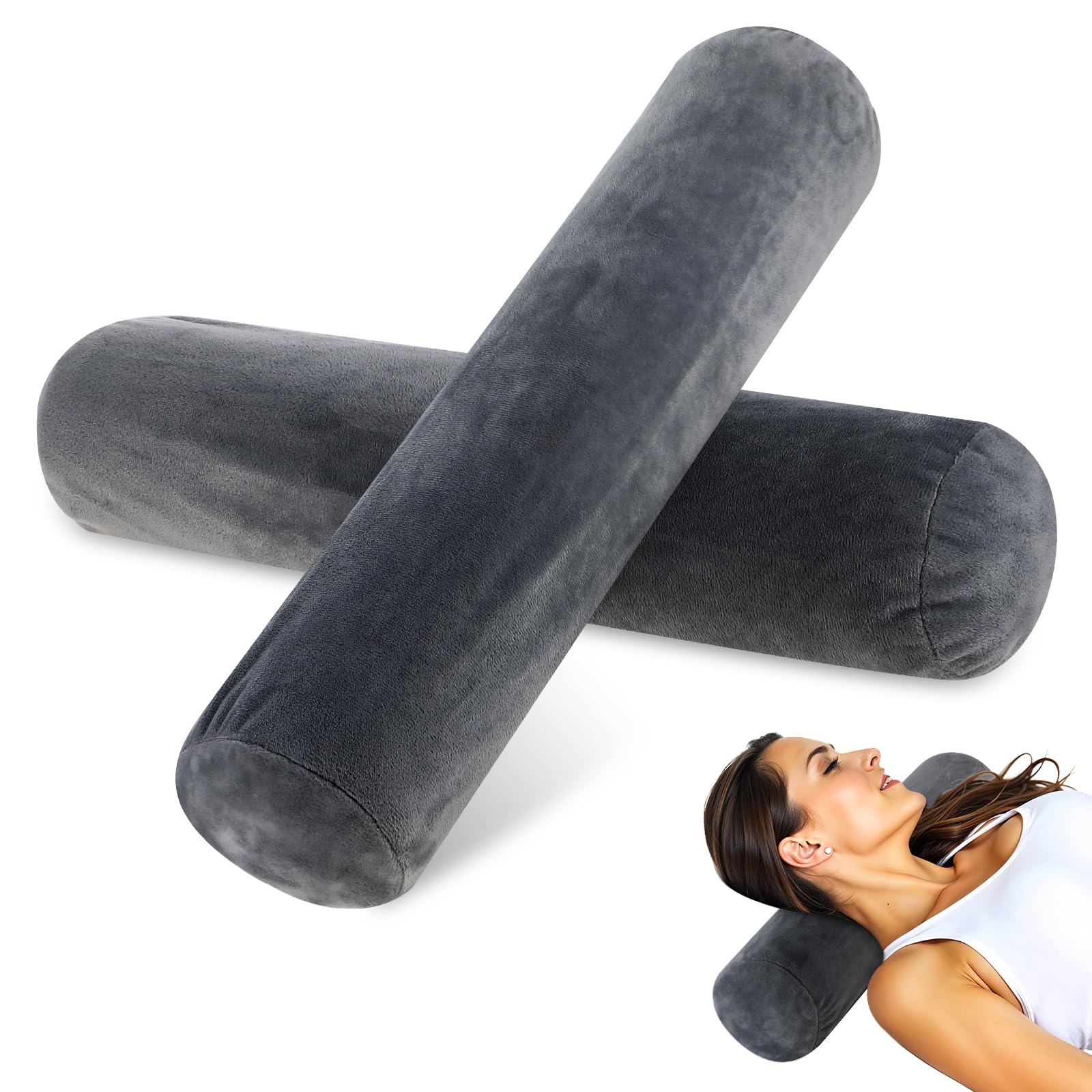 Photo 1 of 2PCS Neck Roll Pillow Cover, Gray Neck Roll Pillow Cover with Zipper, Round Neck-Pillow Case for Sleeping Support, Bed, Legs, Back and Yoga, Plush Washable Covers (4 Inch Diameter x 17 Inch Long)