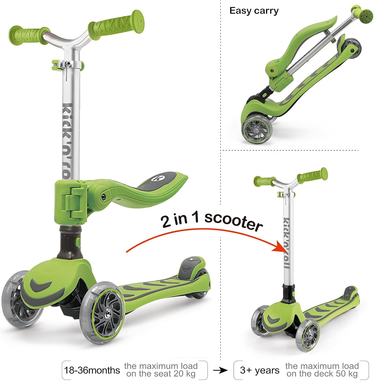 Kicknroll Kids Scooter with Removable Seat & Flashing LED Lights, Foldable Kick Scooter for Boys Girls Ages 3-8 - Image 4