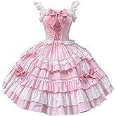 Smiling Angel Sweet Lolita Dress Pink Layered Ruffle Dress with White Lace Trim and Bows Cosplay Costumes