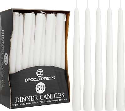 DECO EXPRESS Candles Set 50 Pack White Unscented Dripless Tapered 8 Hr