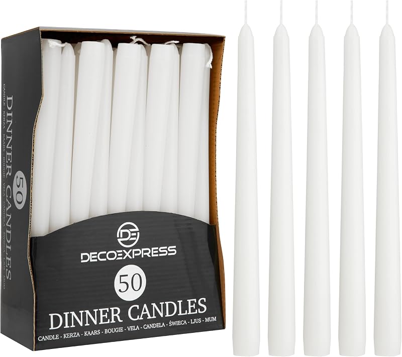 DECO EXPRESS Candles Set 50 Pack White Unscented Dripless Tapered 8 Hr
