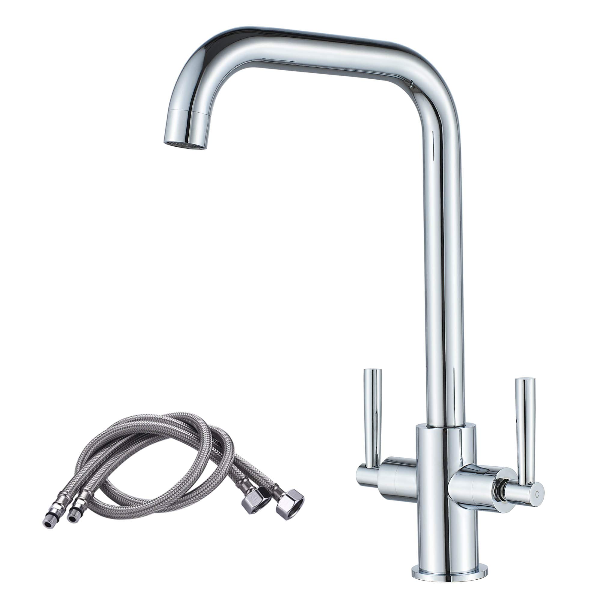 Luckyhome Kitchen Mixer Taps,Monobloc Dual Lever Chrome Brass Kitchen Sink Tap Faucet
