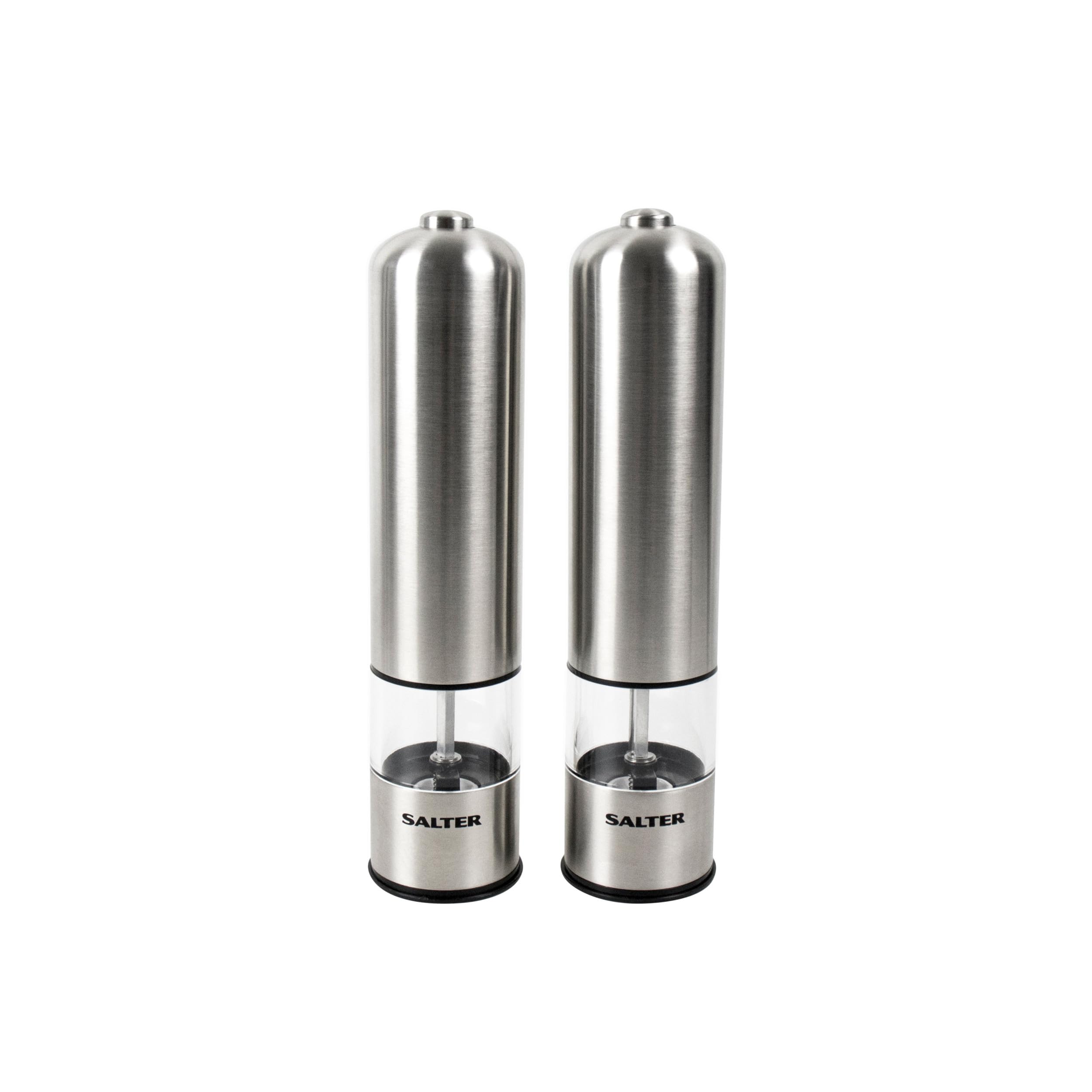 Salter Electric Salt & Pepper Grinder Set - BPA-Free, Spice Mills, One Handed Operation, Battery Powered, 60g Salt Crystals/30g Peppercorns, Brushed Stainless Steel, for Arthritis Hands