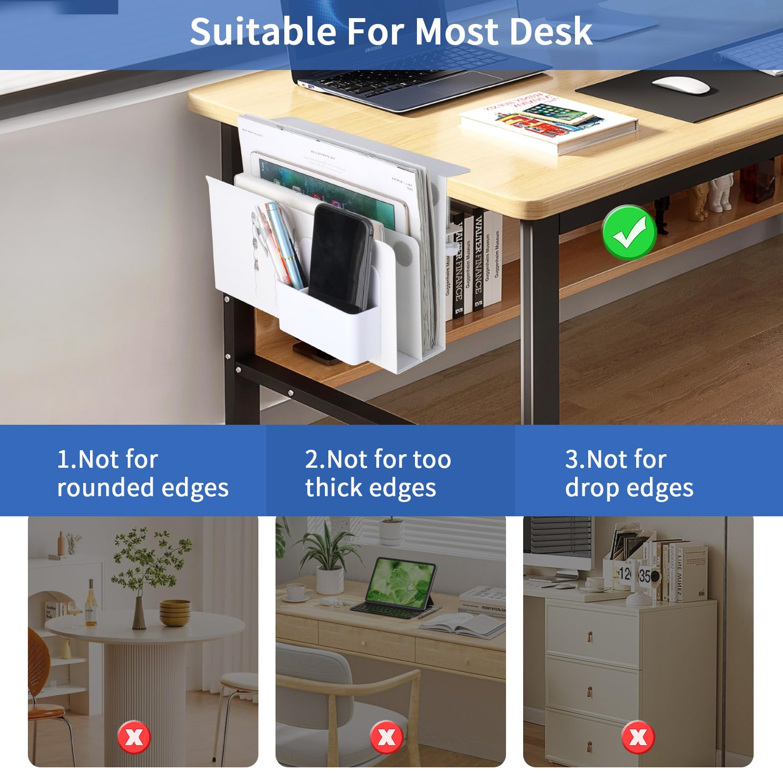 LUKETURE Desk Side Storage, 2 Tier Steel Hanging Organizer, No Drill Side Desk Organizer, Laptop Holder, with Pen Holder, Hanging Table Storage for Office Home, Fits Flat Edge Tables 0.3\