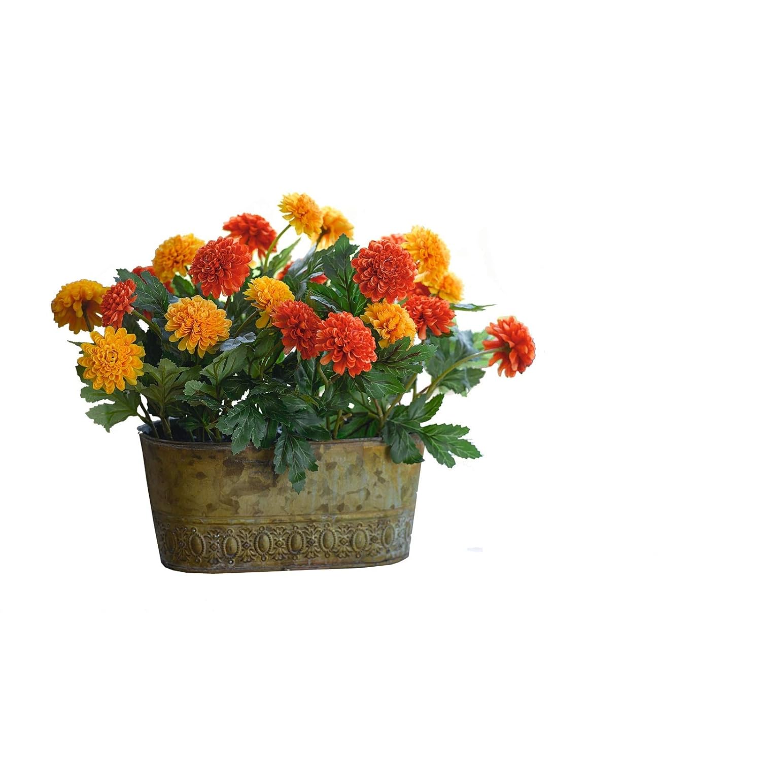 BLOOM Artificial Orange Red Marigold Flower Arrangement Pot Potted