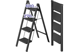 JOISCOPE 4 Step Ladder,Lightweight Folding Step Stool with Anti-Slip Pedal,600 lbs Portable Sturdy Steel Ladder for Adults,Multi Purpose Folding Ladder for Home Kitchen Office,Space Saving,Black