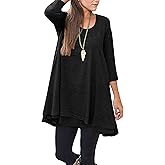 Poetsky Womens 3/4 Sleeve Tunic Tops to Wear with Leggings Layered Chiffon Hem Casual Long Shirts with Pockets