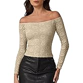 QINSEN Womens Lace Trim Off Shouder Top Long Sleeve Double Lined Y2k Trendy T Shirts