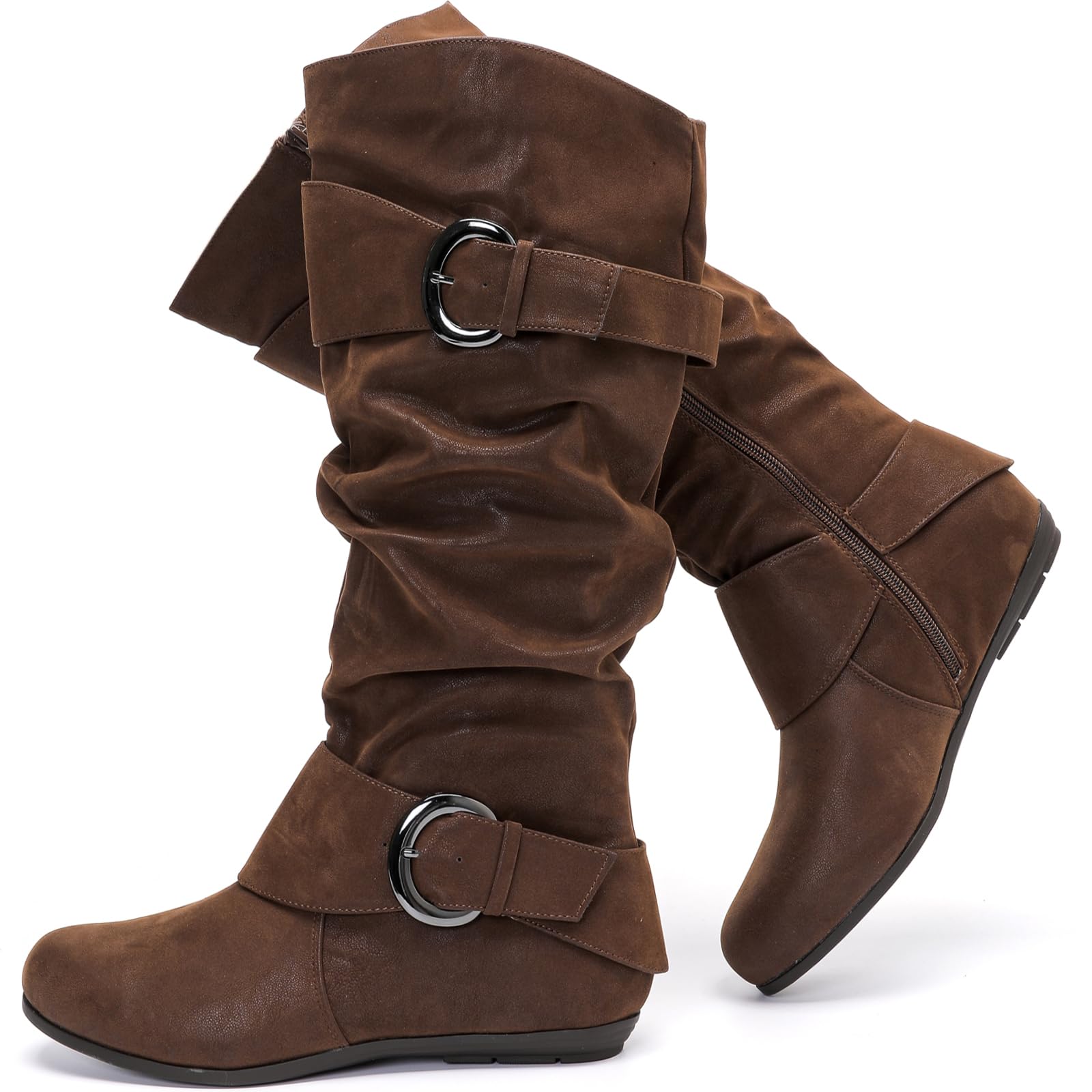 Photo 1 of Luoika Women's Extra Wide Calf Knee High Slouchy Boots, Wide Width Tall Boots with Flat Heel Side Zipper.180907 BrownPU 8.5XW