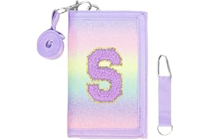 SiorVeol Kids Wallet Girls Trifold Initial Glitter Wallets with Zipper and Card Slots Including Neck Lanyard and Hanging Strap, Blue Purple, S