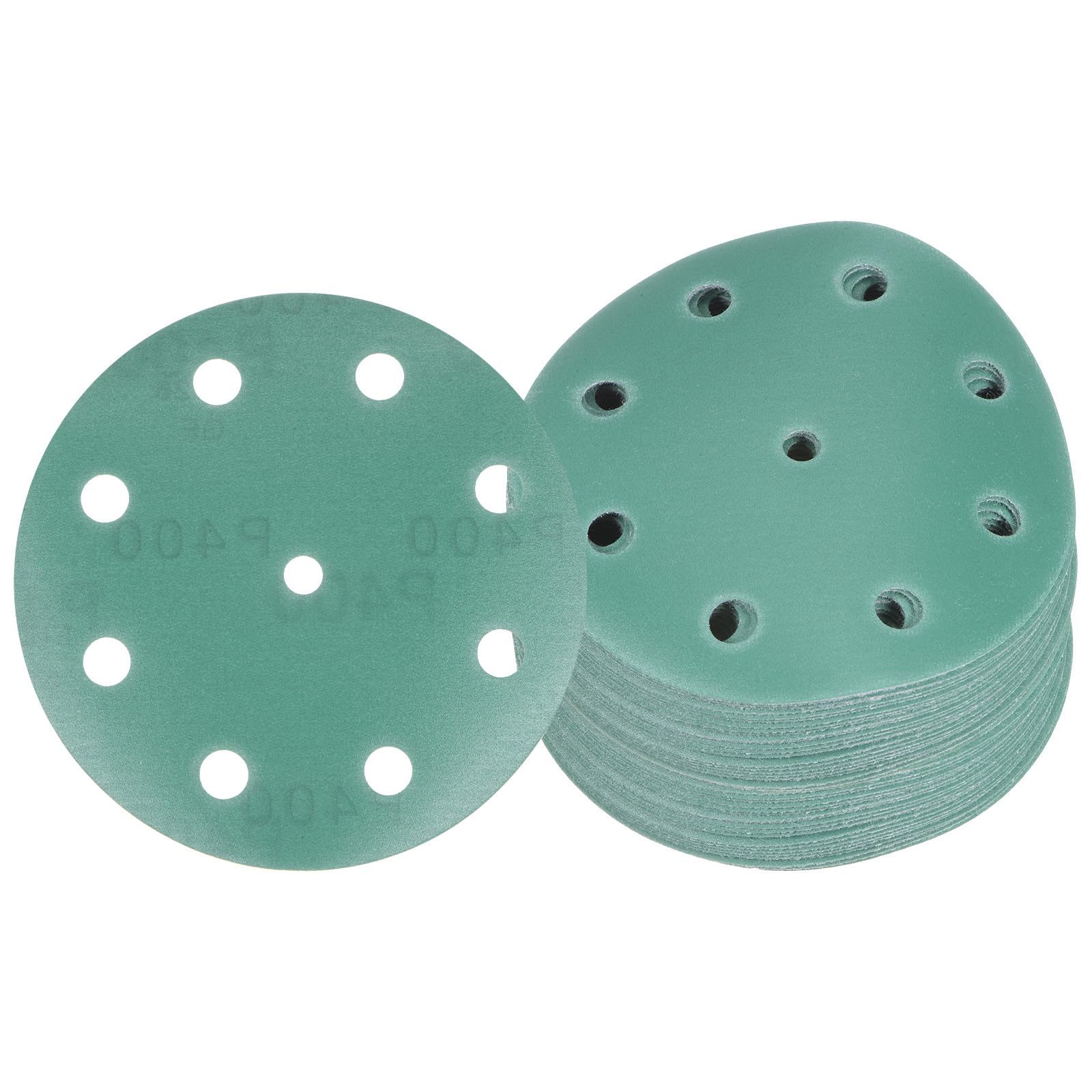 Kozelo 50pcs Green Film Sanding Discs - [5 Inch 400 Grits 9 Hole ] Round Aluminum Oxide Hook & Loop Wet Dry Sander Pads for Wood Metal Polishing Use| Zirconium Corundum Sandpaper