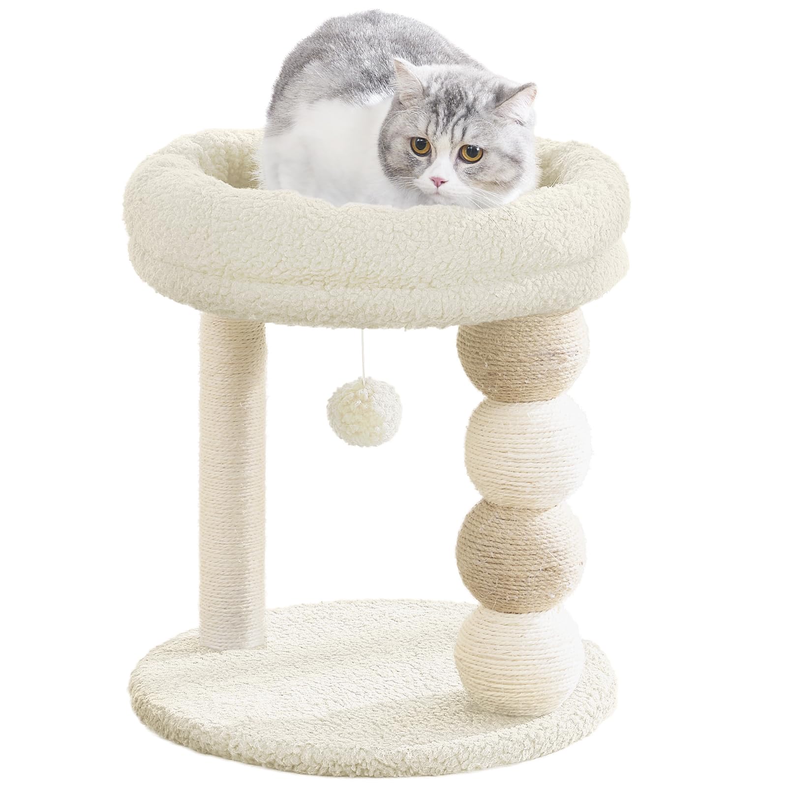Photo 1 of YOCAN Small Cat Tree Tower Indoor with Large Cozy Plush Top Perch, Natural Sisal Scratching Posts, Interactive Dangling Ball Great for Kittens and Cats (White)