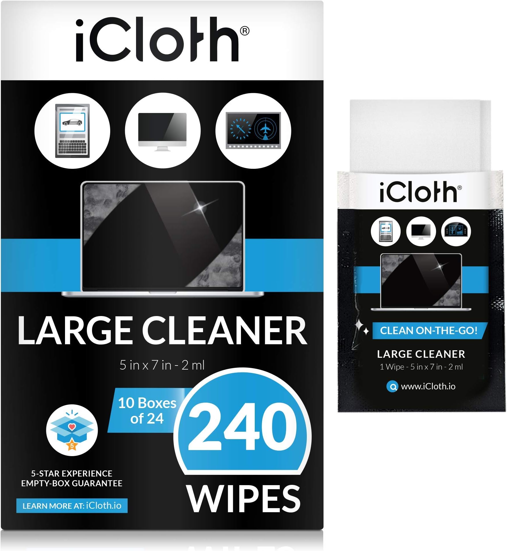 iCloth Large Lens and Screen Cleaner Pro-Grade Individually Wrapped Wet Wipes, 1 Wipe Cleans a LCD Monitor, Laptop, or Flat Screen HDTV, Box of 240