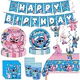 88PCS For Stitch Party Supplies: 6 Hanging Swirls, 20 Napkins, 20 Cups, 20 Plates （9 inch）， 20 Plates 7（ inch）, 1 Banner, 1 Tablecloth for Stitch Birthday Party Decorations