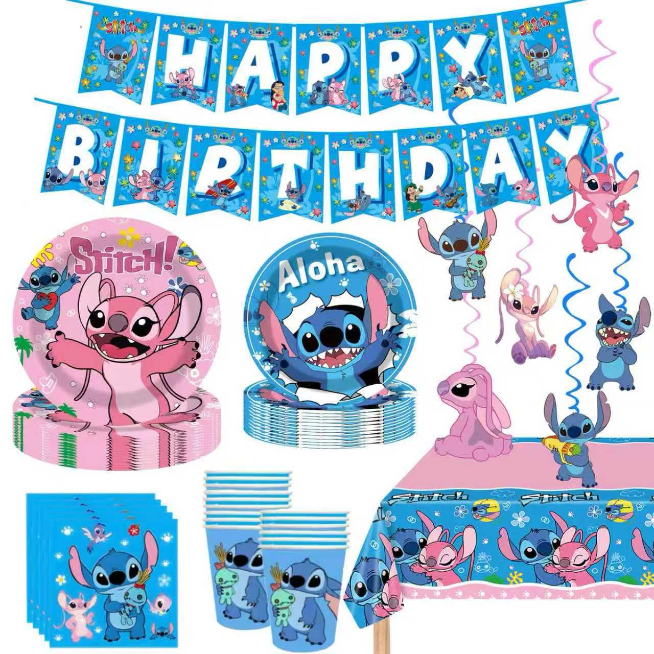 88PCS For Stitch Party Supplies: 6 Hanging Swirls, 20 Napkins, 20 Cups, 20 Plates (9 inch), 20 Plates 7( inch), 1 Banner, 1 Tablecloth for Stitch Birthday Party Decorations