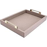 VOVOGERATTO Decorative Serving Tray for Coffee Table, 16"x12" Large Rectangular Ottoman Tray with Gold Handles Faux Leather Serving Trays for Home Decor Living Room, Kitchen and Bedroom -Tan