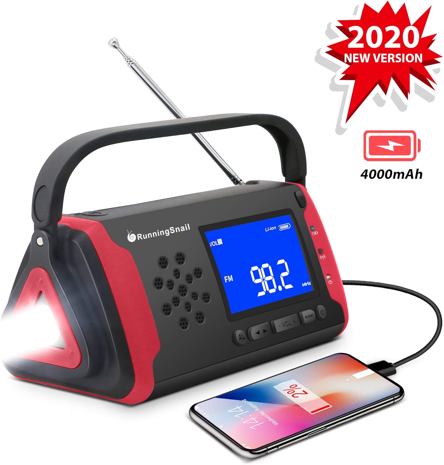 Emergency NOAA Weather Crank Solar Powered Portable Radio with 4000mAh Battery Power for Cell Phone, Bright Flashlight for Household Emergency and Outdoor Survival (097-Red): Home Audio & Theater