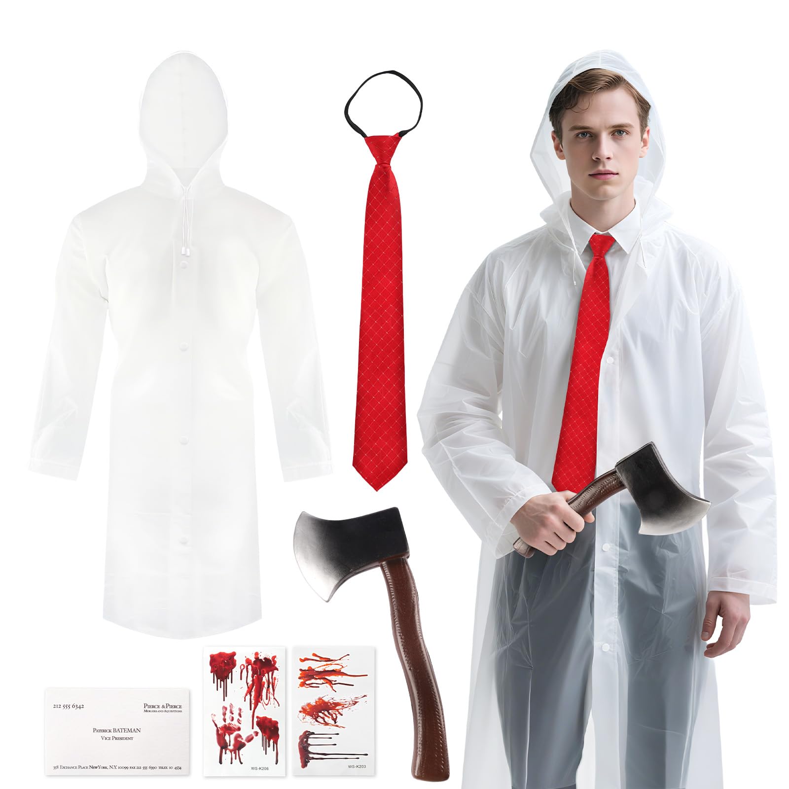 6 Pcs Adults Psycho Costume, Patrick Bateman with White Transparent Raincoat Red Tie Fake Axe Prop Bloody Stickers Business Card, American Psycho TV Film Character Cosplay Outfit for Halloween Party