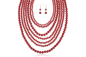 RIAH FASHION Multi Beaded Bubble Statement Necklace - Round Ball Chunky Drape Bib Collar Marbled, 7 Layer Long