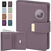 BKNOOU RFID Blocking Passport Holder with Airtag - Leather Travel Passport Wallet for Women, Slim Bifold Travel Passport Holder Holds Cards & Tickets & Cash (Light Purple)