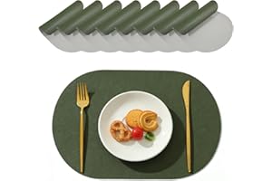 Heat Resistant Oval Placemats for Dining Table, Waterproof Wipeable PU Table Mats, Dark Green, 12 x 17 Inch, Set of 8