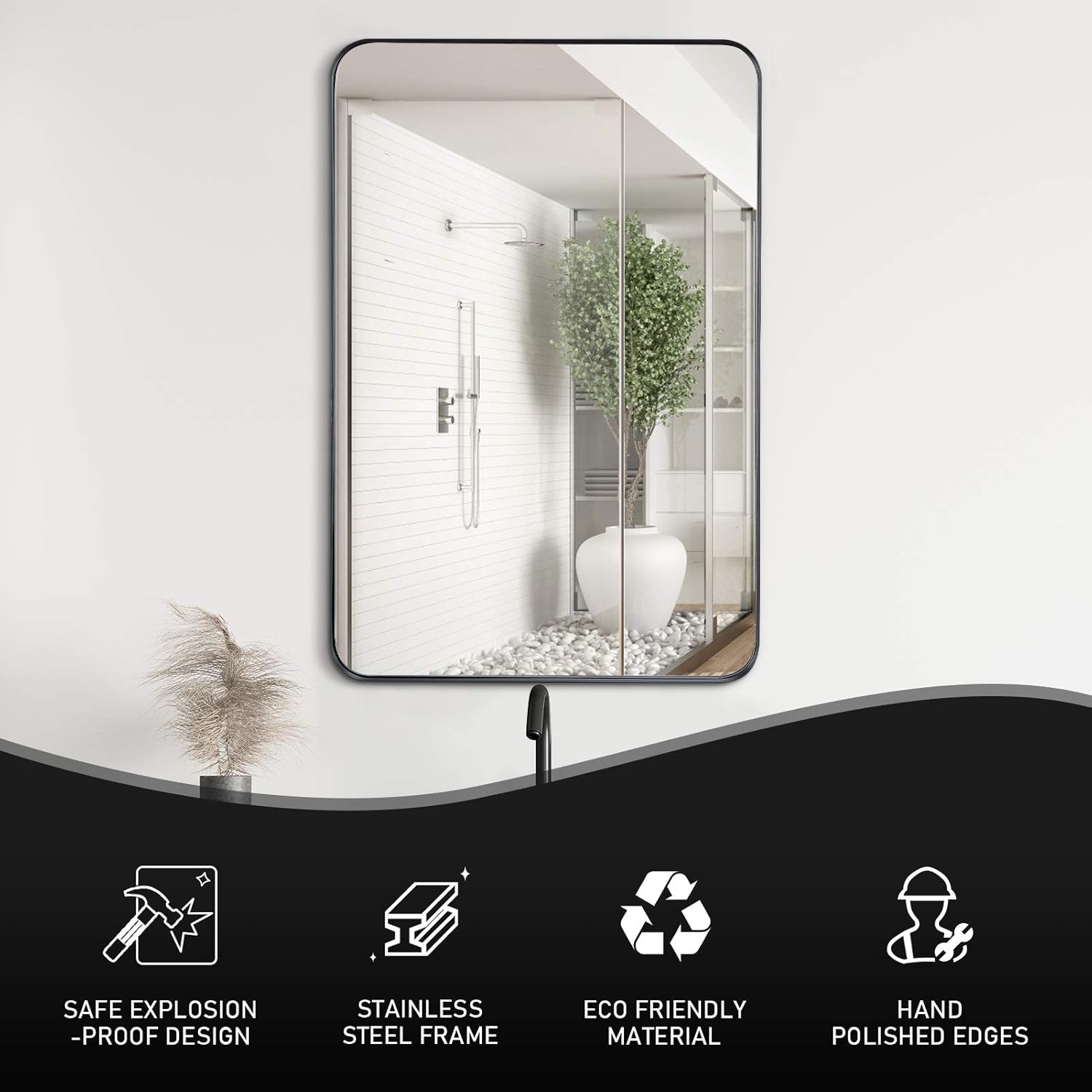 Clavie Wall Mirror 16x24 Inch Mirror for Bathroom Metal Frame Rounded Corner Rectangle Mirror Modern Bathroom Mirror Vertical or Horizontal Hanging Decorative Wall Mirrors for Living Room, Bedroom: Home & Kitchen