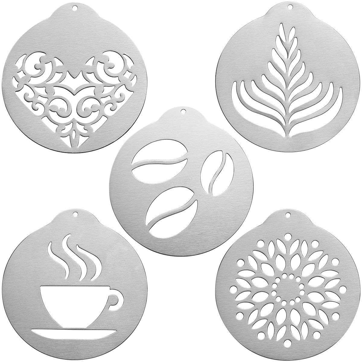 BESTONZON 5 PCS Coffee Stencils - Stainless Steel Cappuccino Art Templates for Latte and Cake Decoration, Ideal for Hot Chocolate and Coffee Garland Designs