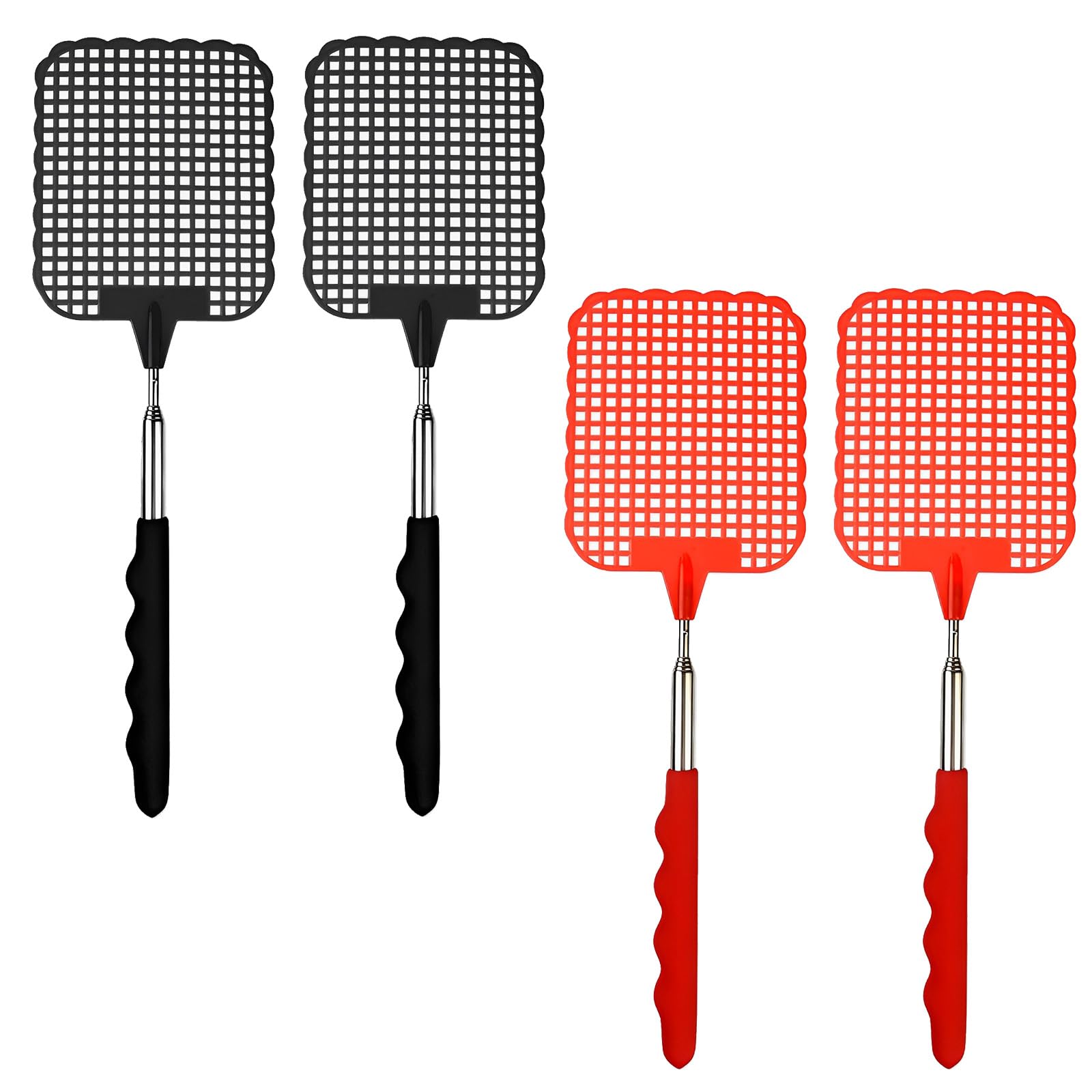 4Pcs Fly Swatter, Extendable Long Handle Fly Swat, Strong Flexible Manual Fly Squatter, Telescopic Handle Fly Swatters for Indoor Outdoor Mosquito Wasp Bug Insect (Red & Black)