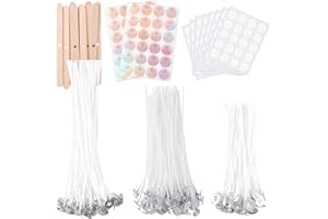 PENGXIAOMEI Candle Wicks for Candle Making 150Pcs with 160Pcs Wick Stickers and 12Pcs Candle Wick Holders 48Pcs Warning Labels for DIY Candle Making ((4"+6"+8")