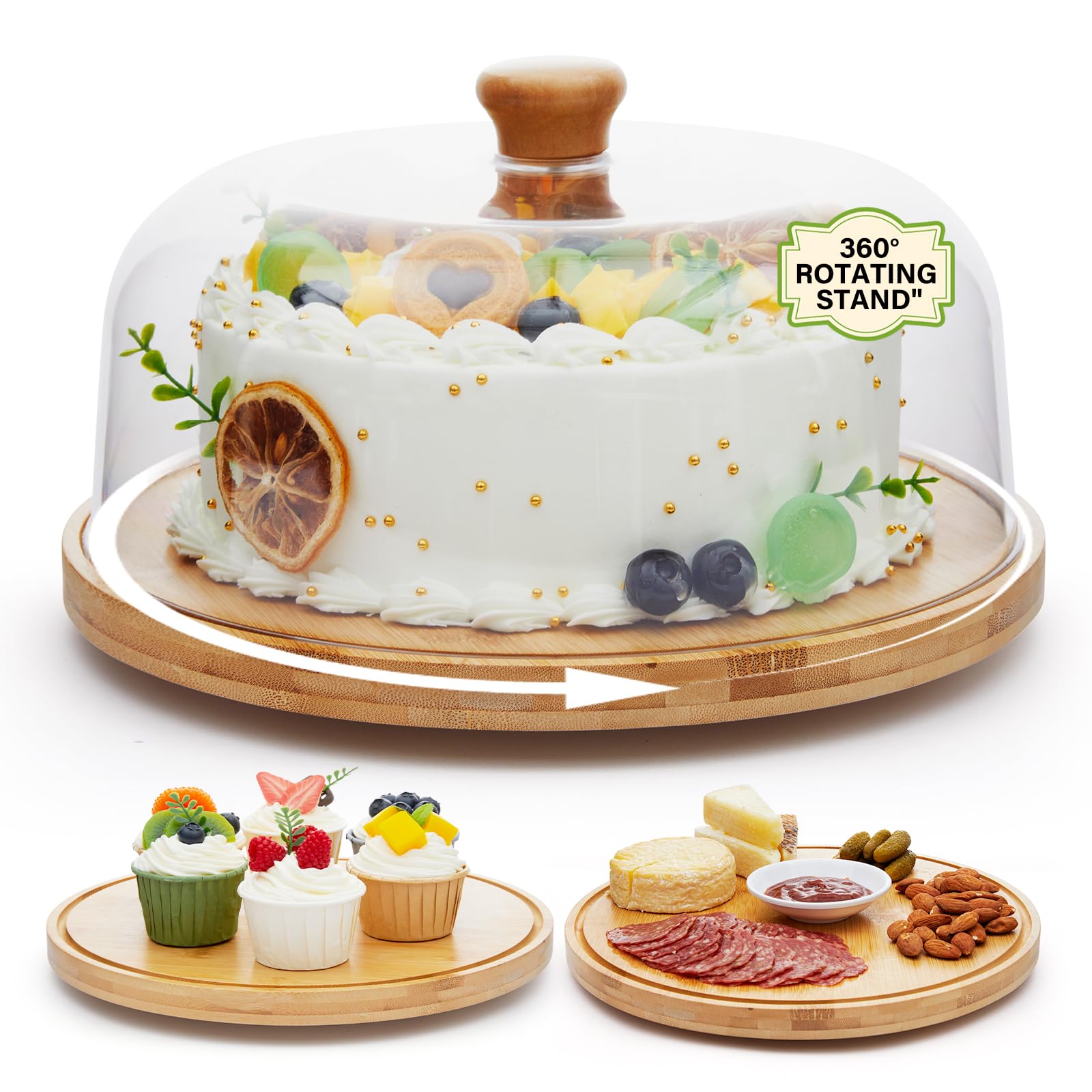 Photo 1 of *******BROKEN LID*******Timboops Home Rotating Cake Stand with Lid, 12'' Wood Food Plate with Cover, Serving Tray, Fruit Platter, Salad Bowl, Dessert Table Display & Acrylic Cake Dome Cover for Party