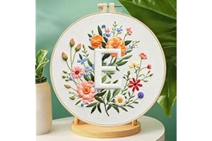 Zhenqing Letter E Floral Embroidery Kit for Beginners, Pre-Printed 29x29cm Cotton Fabric with 20cm Hoop, Elegant Monogram Art
