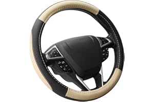 SEG Direct Car Steering Wheel Cover Universal Standard Size 14.5-15 inch, Black and Beige Microfiber Leather