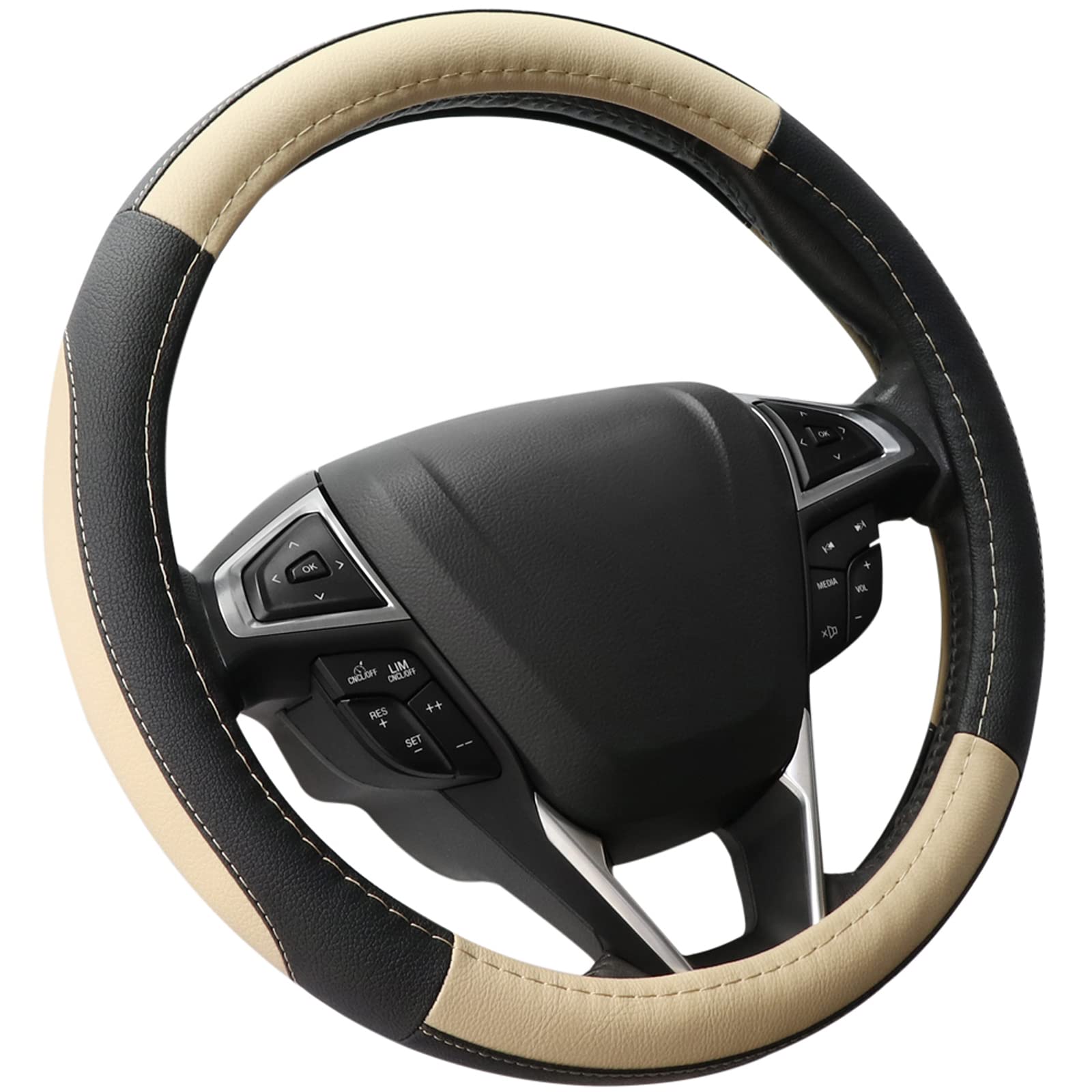 Photo 1 of SEG Direct Car Steering Wheel Cover Universal Standard Size 14.5-15 inch, Black and Beige Microfiber Leather