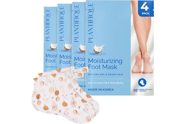 PLANTIFIQUE Korean Foot Mask with Shea Butter 4 Pairs box for Dry & Cracked Feet | Hydrating Socks for Soft Heels | Intense Moisturizing and Repairing Dry Rough Skin | Foot Spa | Happy Feet Mask