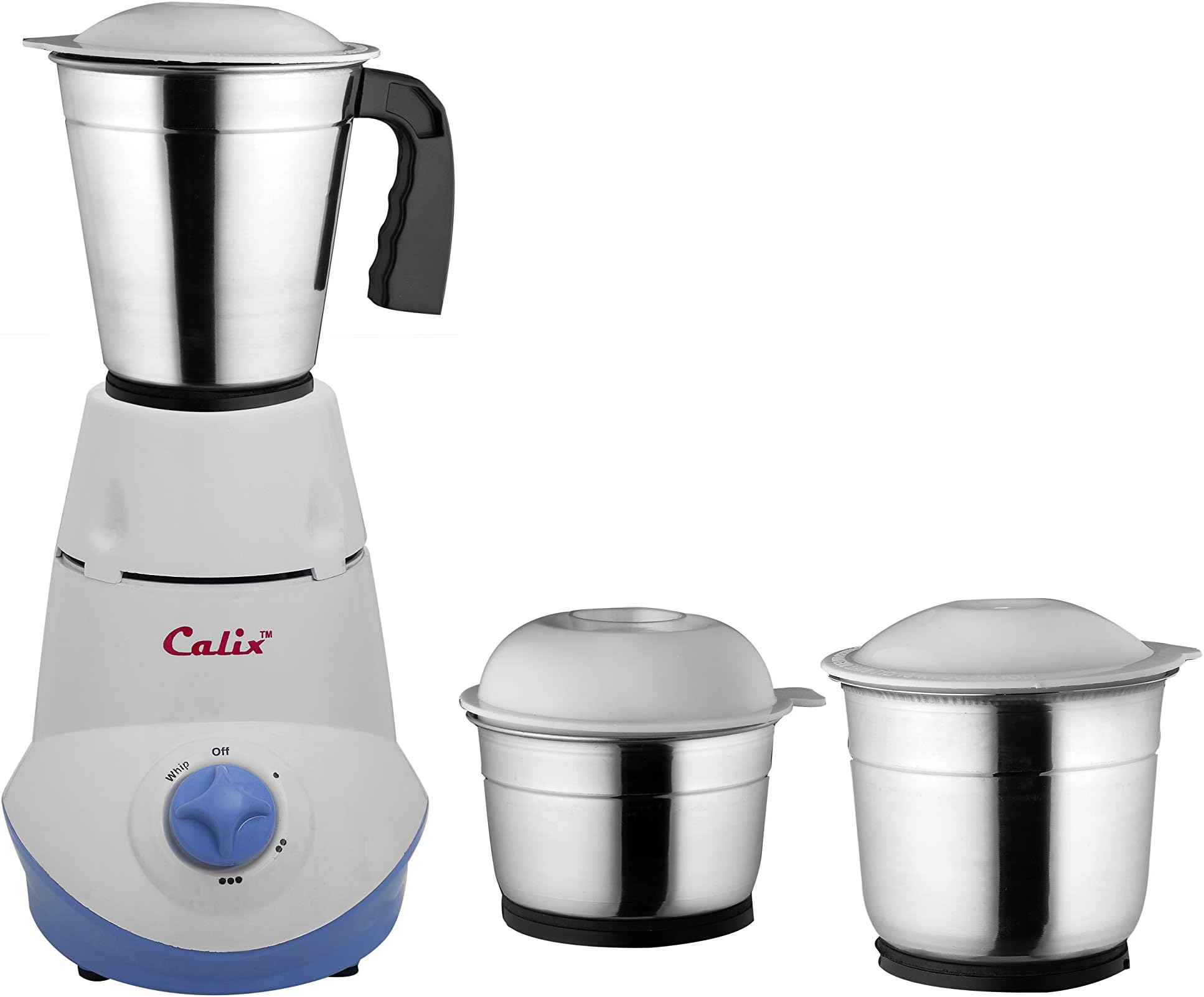 Calix Plastic 550-Watt Mixer Grinder with Whip Feature and 3 Jars (White, Set of 4)
