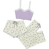 Milumia Women's 3 Piece Pajama Sets Floral Lace Cami Top and Shorts & Pants Pj Sets Loungewear