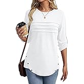 TICTICMISS Women's 3/4 Length Rolled Sleeve Tunic Tops Pleated Crew Neck T Shirts Both Side Buttons Summer Blouses