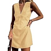 Megfie Womens Summer Cotton Linen V Neck Short Dress Sleeveless Mini Dress Casual A Line Sundress Yellow-Large