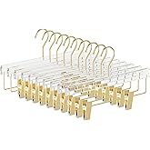 UEAKPIC 10 Pack Gold Acrylic Hangers, Clear Pants Hangers with Adjustable Non-Slip Clips for Coat, Skirts, Adults & Kids, Clothing Closet Storage