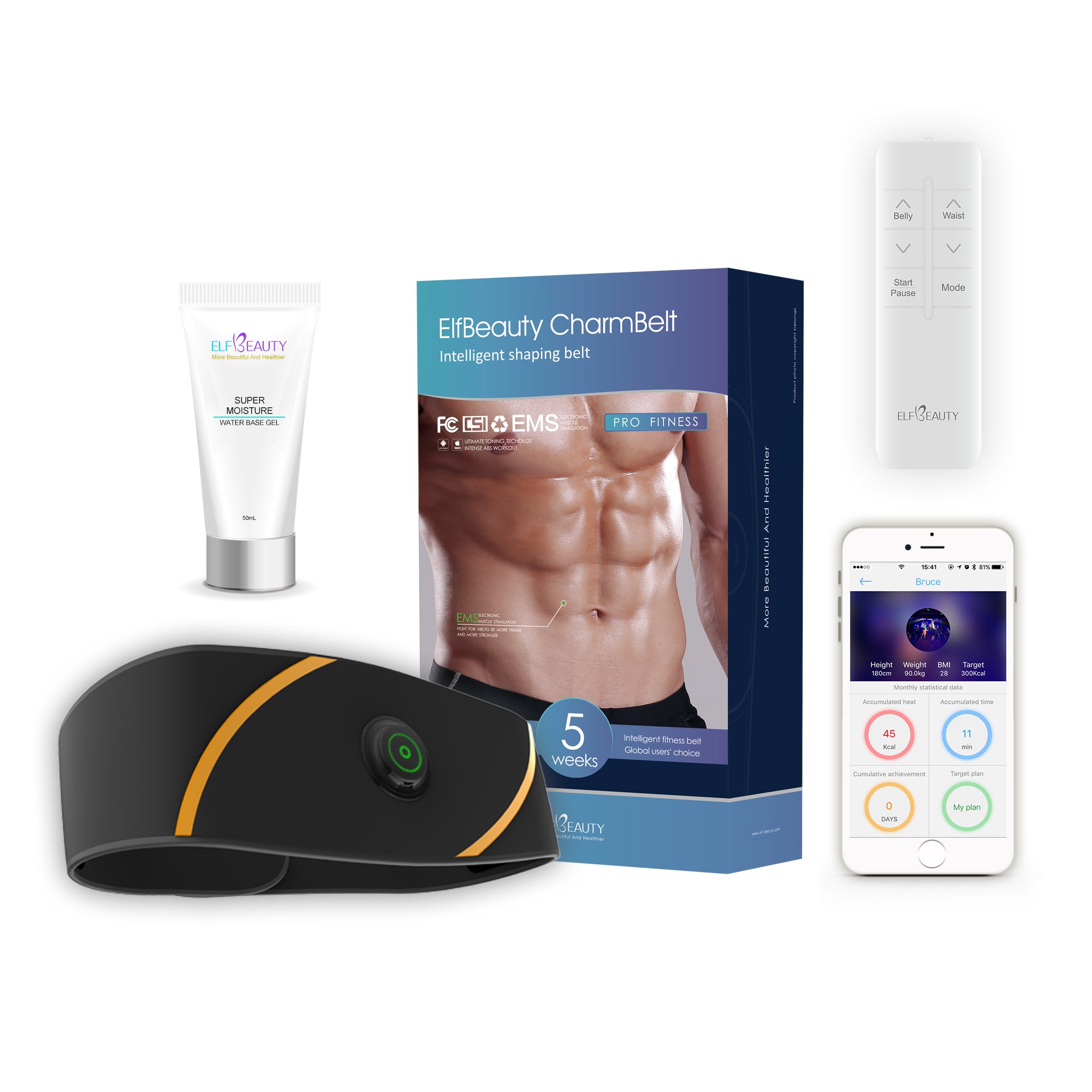 Elfbeauty Charmbelt Ceinture Abdominale de Sudation Homme et Femme Ceinture Minceur électrostimulation Tonification et Musculation Contrôle de l\'APP intelligente ou de la télécommande sans fil