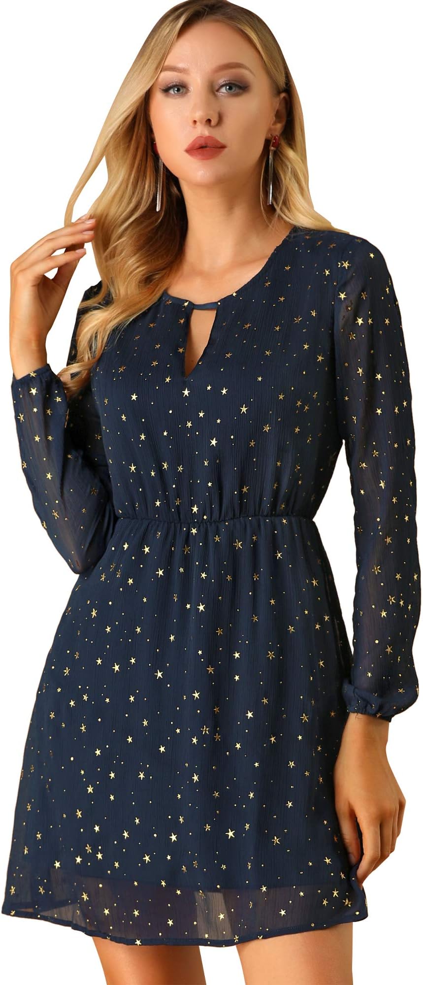 Allegra KWomen's Choker V Neck Gilding Metallic Star Halloween Party Flared A-Line Dress