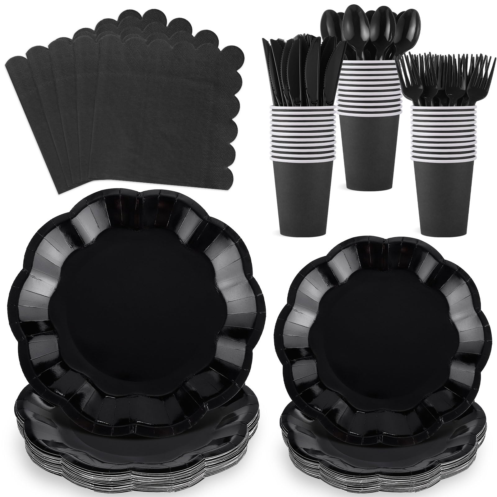 Photo 1 of 175 Pcs Black Plates and Napkins Set, 25 Guest Black Party Supplies Include Scalloped Plate Paper Napkin Cup Forks Knives Disposable Plastic Cutlery for Wedding New Year Birthday Holiday Party